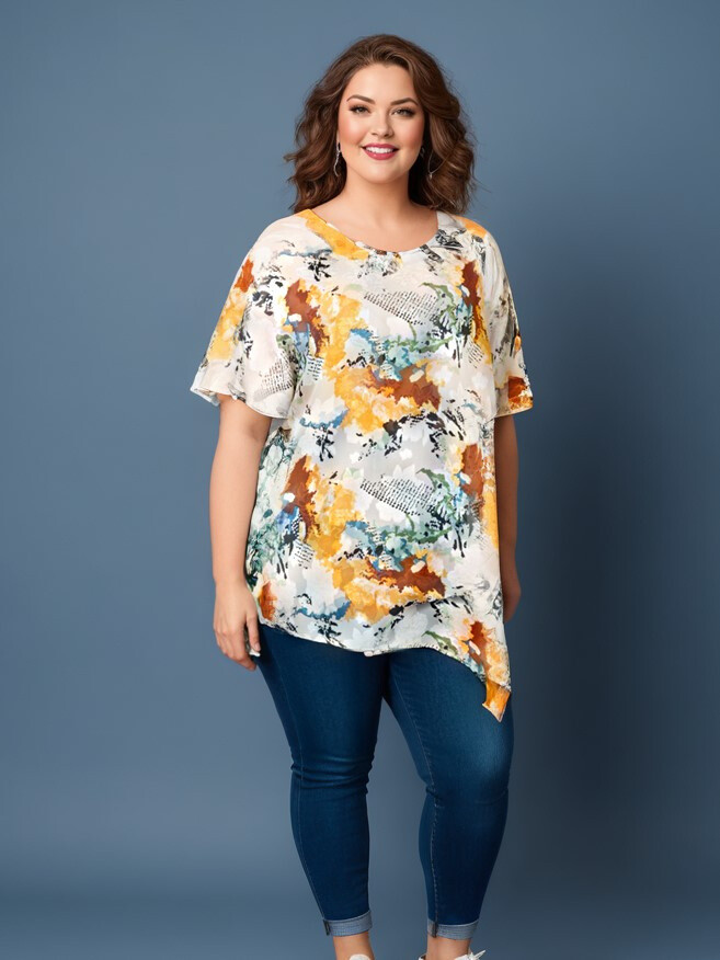 Grossiste Pomme Rouge Paris - Top grande taille imprimé jaune (C6596)