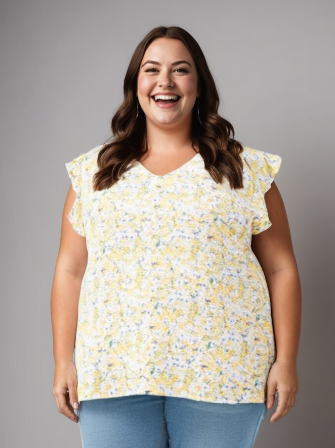 Grossiste Pomme Rouge Paris - Top grande taille imprimé jaune (C6577)