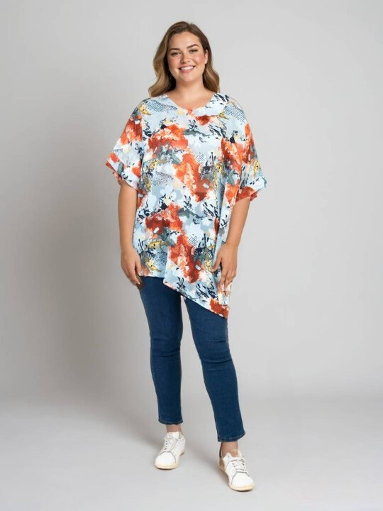 Grossiste Pomme Rouge Paris - Top grande taille imprimé bleu (C6596)