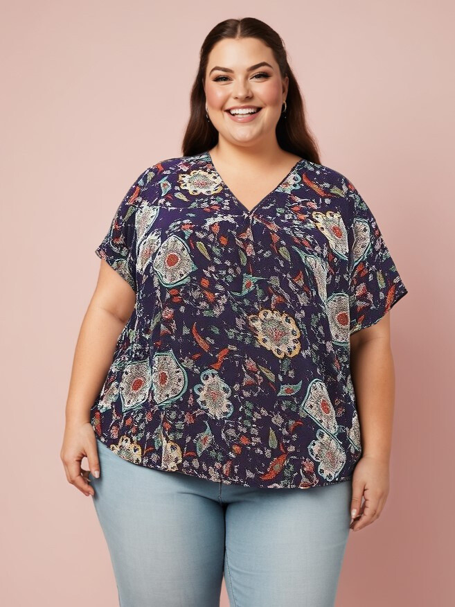 Grossiste Pomme Rouge Paris - Top grande taille imprimé fleuri bleu (C6219)