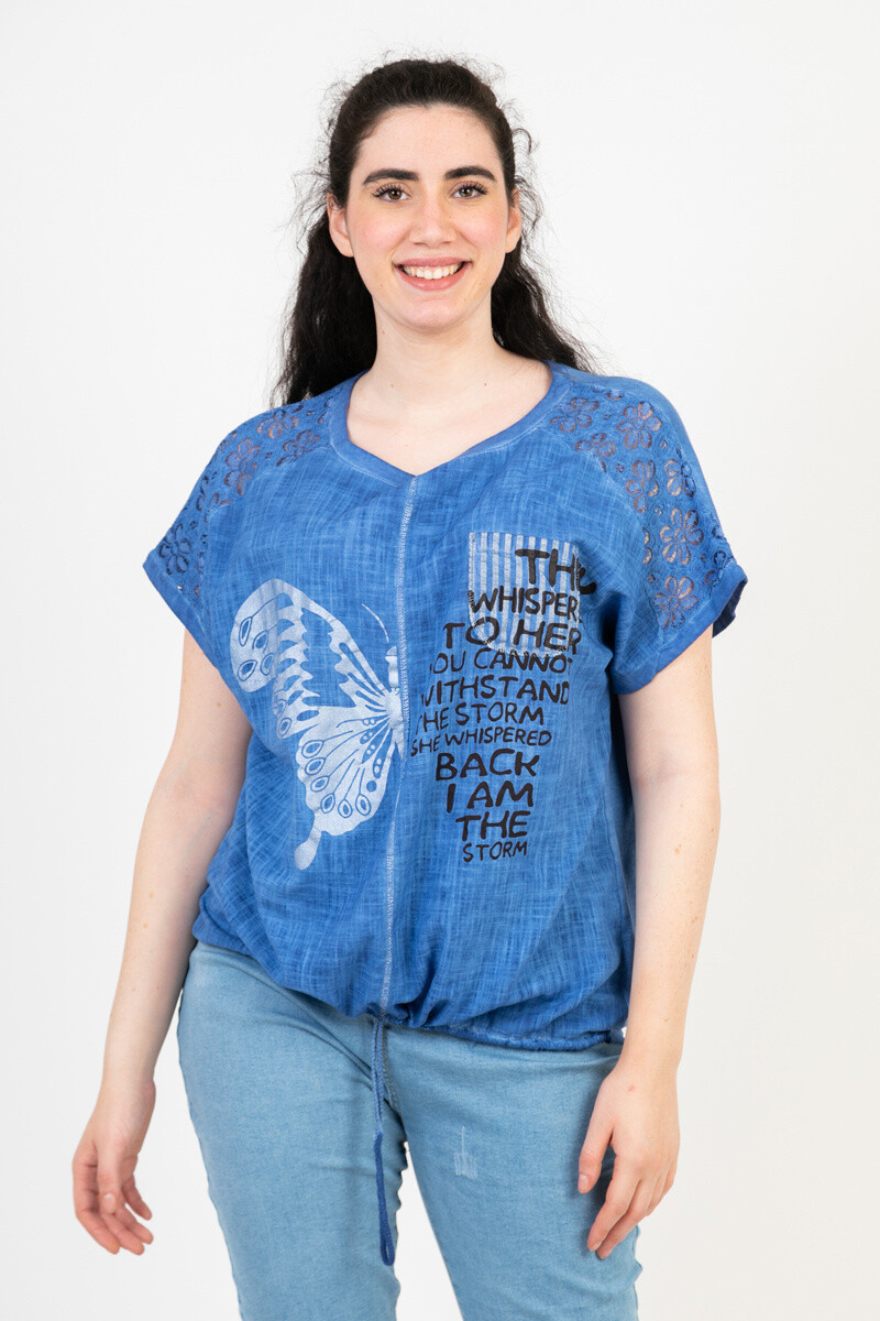 Grossiste Pomme Rouge Paris - Tshirt grande taille bleu (C8010)
