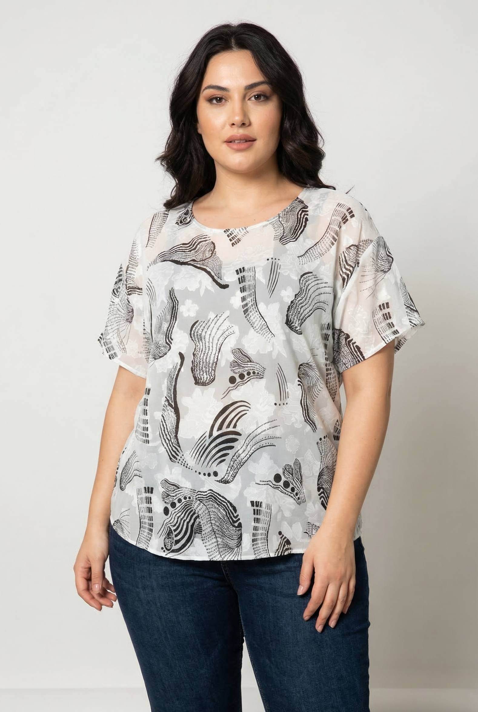 Grossiste Pomme Rouge Paris - Top grande taille imprimé blanc (C6597)