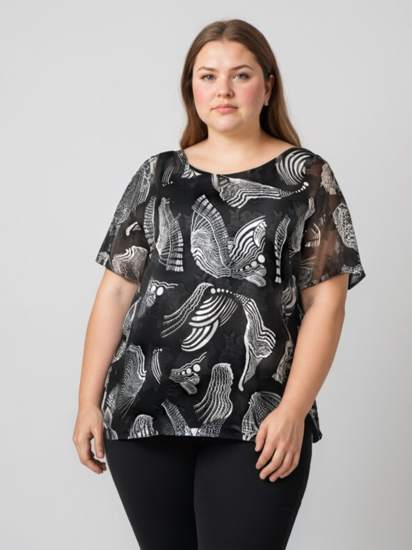 Grossiste Pomme Rouge Paris - Top grande taille imprimé noir (C6597)