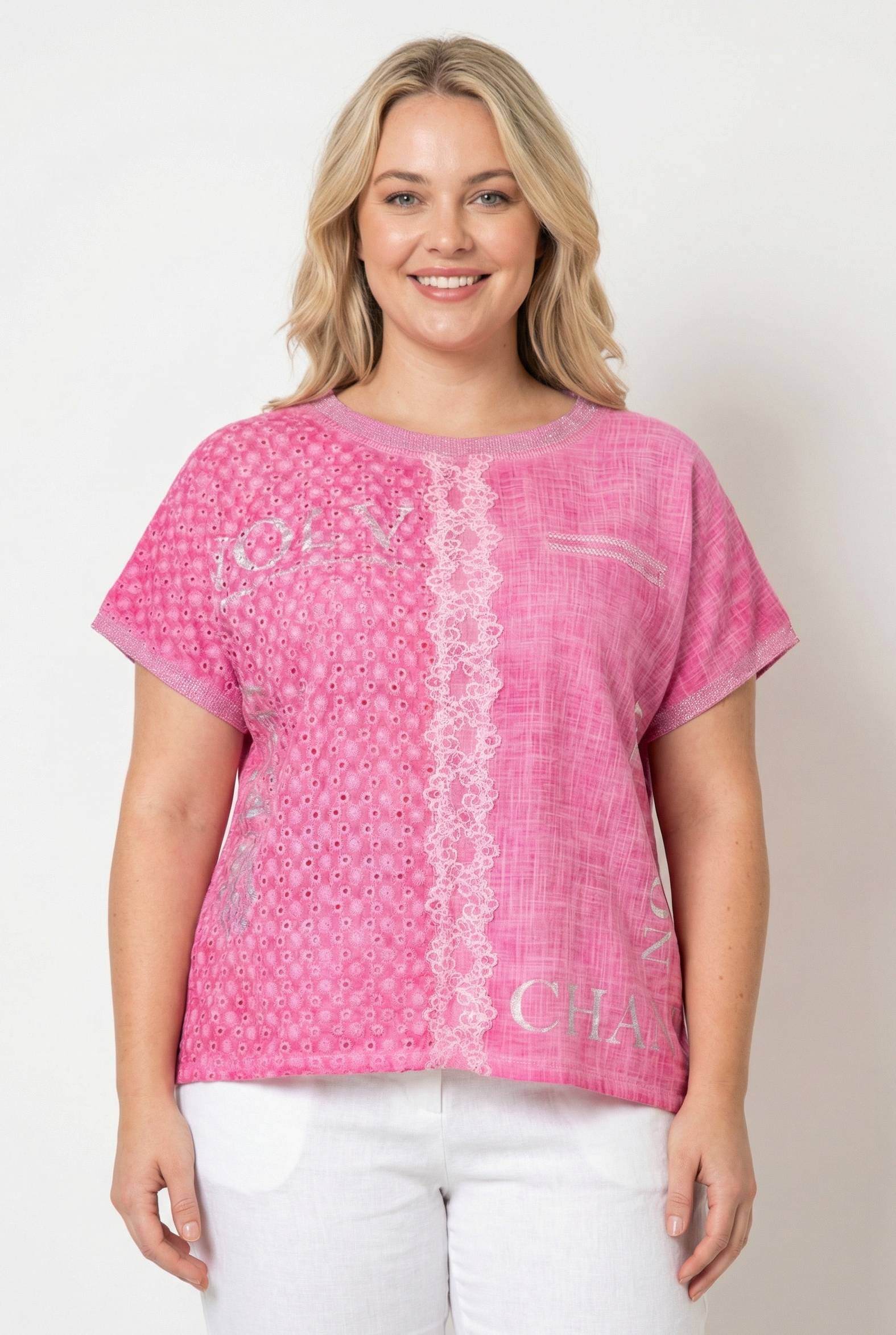 Grossiste Pomme Rouge Paris - T-shirt grande taille rose (C8013)