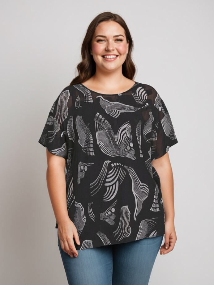 Grossiste Pomme Rouge Paris - Top grande taille imprimé noir (C6597)