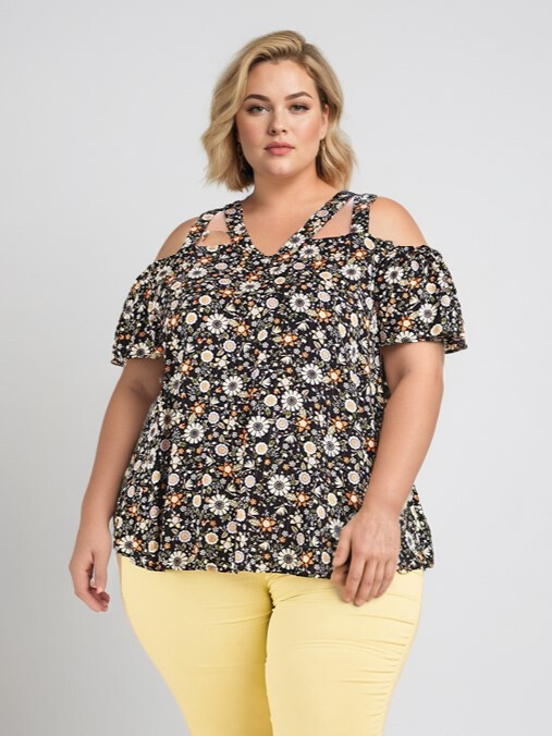 Grossista Pomme Rouge Paris - Top grande modello fiorito nero (C6204)
