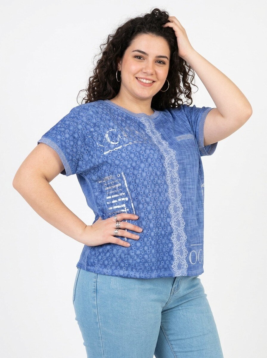Grossiste Pomme Rouge Paris - T-shirt grande taille bleu (C8013)