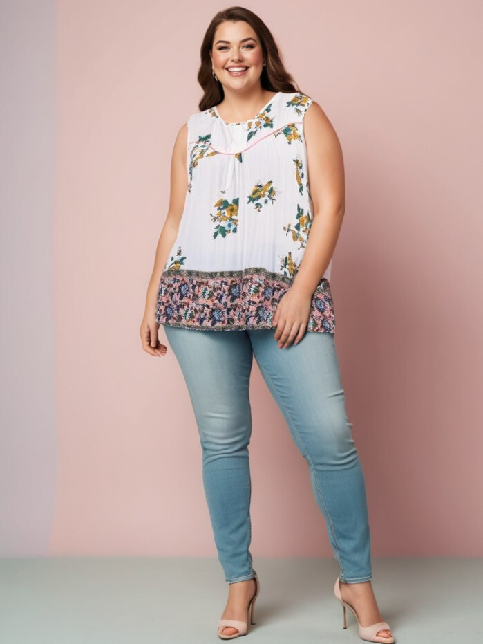 Grossiste Pomme Rouge Paris - Top grande taille imprimé fleuri (A955/BLANC)