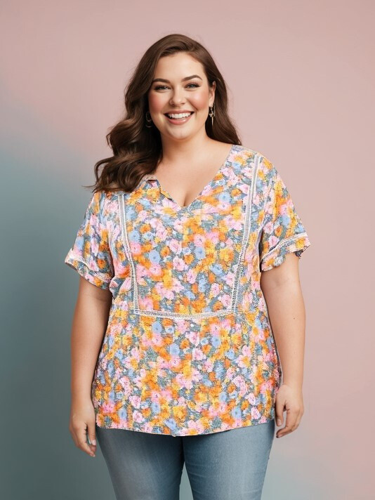 Grossiste Pomme Rouge Paris - Top grande taille imprimé fleuri jaune (C6371)