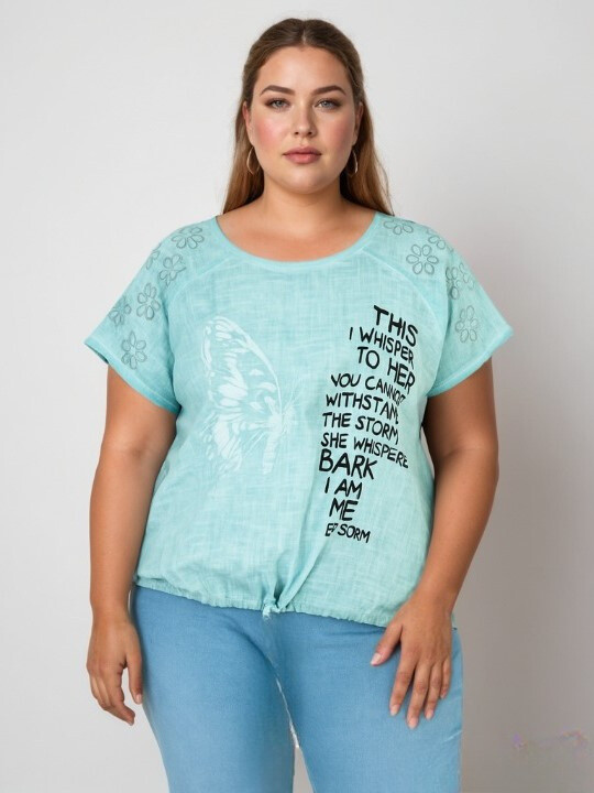 Grossiste Pomme Rouge Paris - Tshirt grande taille turquoise (C8010)