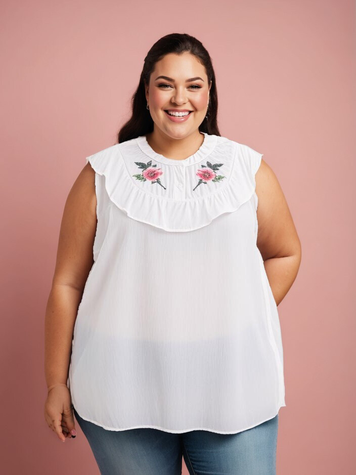 Grossiste Pomme Rouge Paris - Top blanc grande taille sans manche avec broderies (A965)