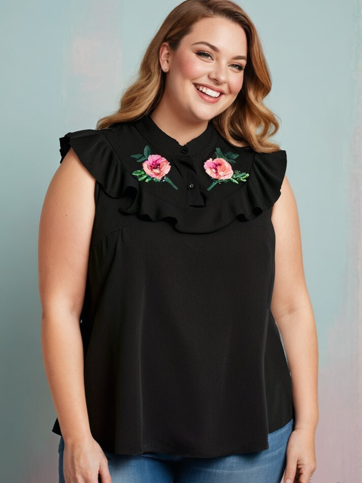 Grossiste Pomme Rouge Paris - Top noir grande taille sans manche avec broderies (A965)