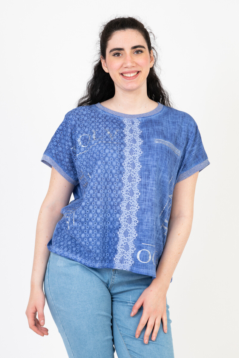 Grossiste Pomme Rouge Paris - Tshirt grande taille bleu (C8013)