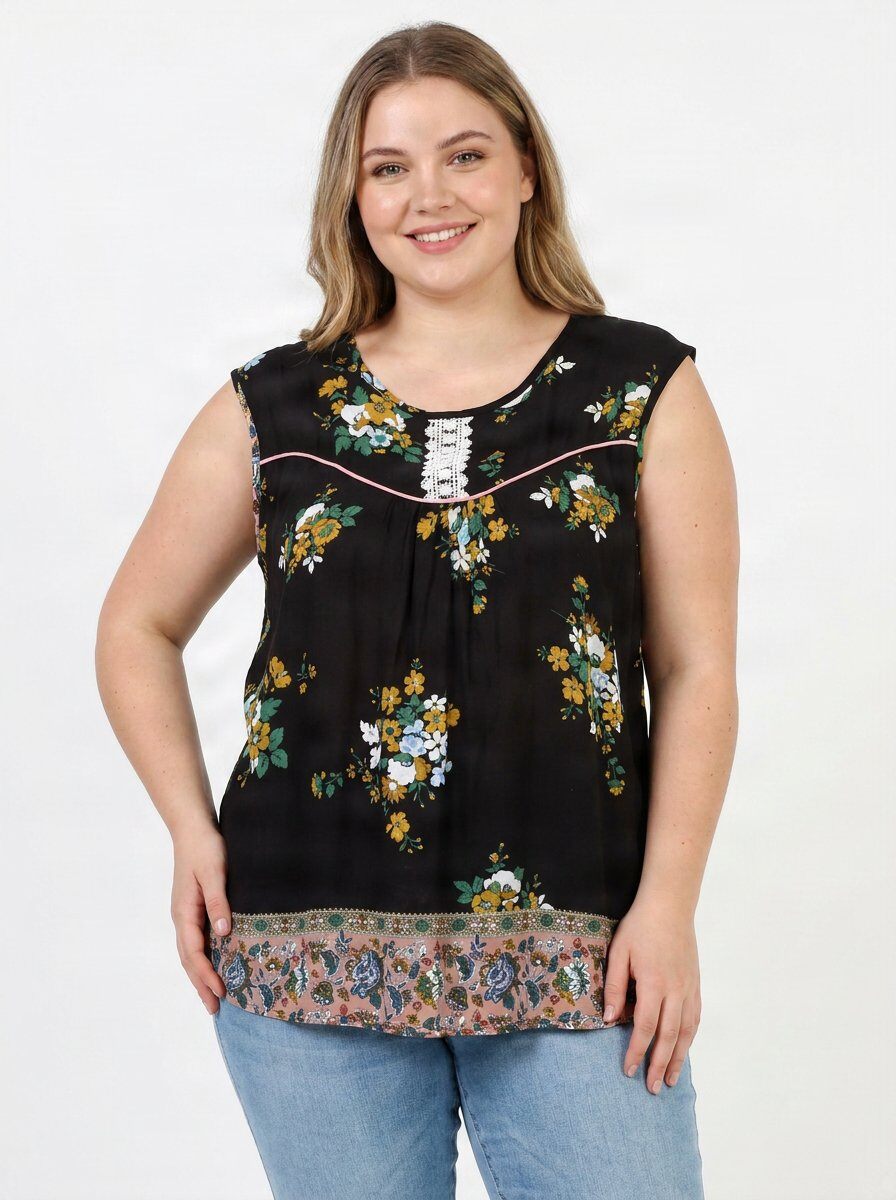 Grossiste Pomme Rouge Paris - Top grande taille imprimé floral noir (A955)