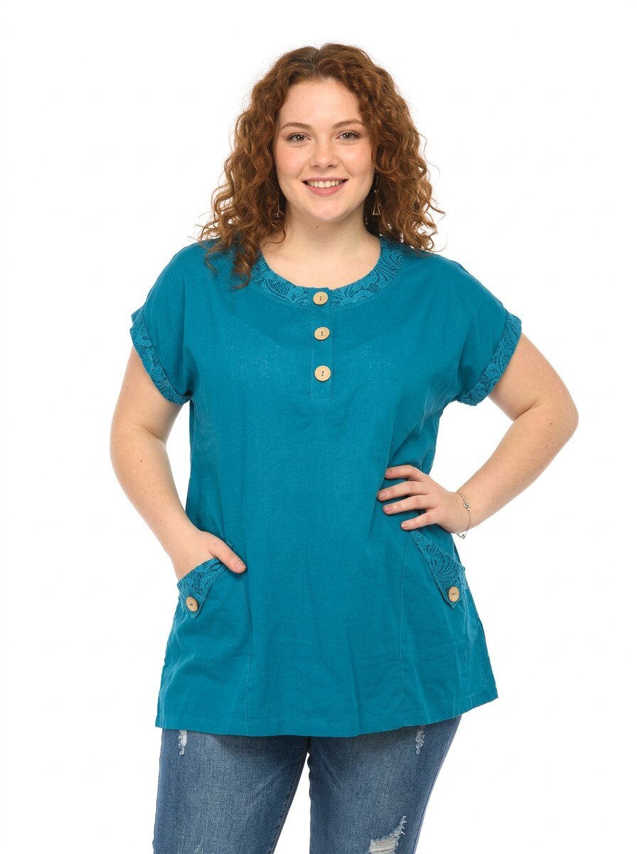 Grossiste Pomme Rouge Paris - Top coton/lin bleu grande taille (A587)