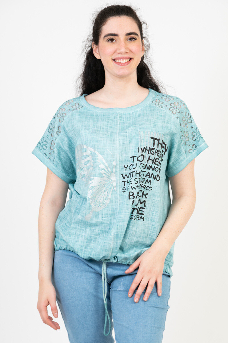 Grossiste Pomme Rouge Paris - Tshirt grande taille turquoise (C8010)
