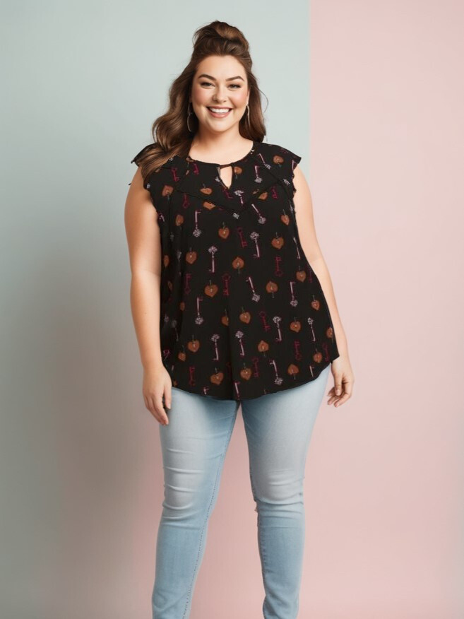 Grossiste Pomme Rouge Paris - Top noir grande taille imprimé clefs (A956)