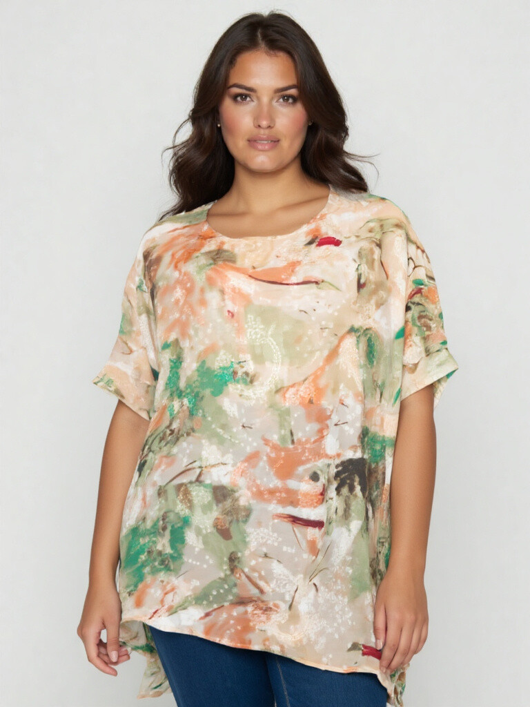 Grossiste Pomme Rouge Paris - Top grande taille imprimé vert (C6596)