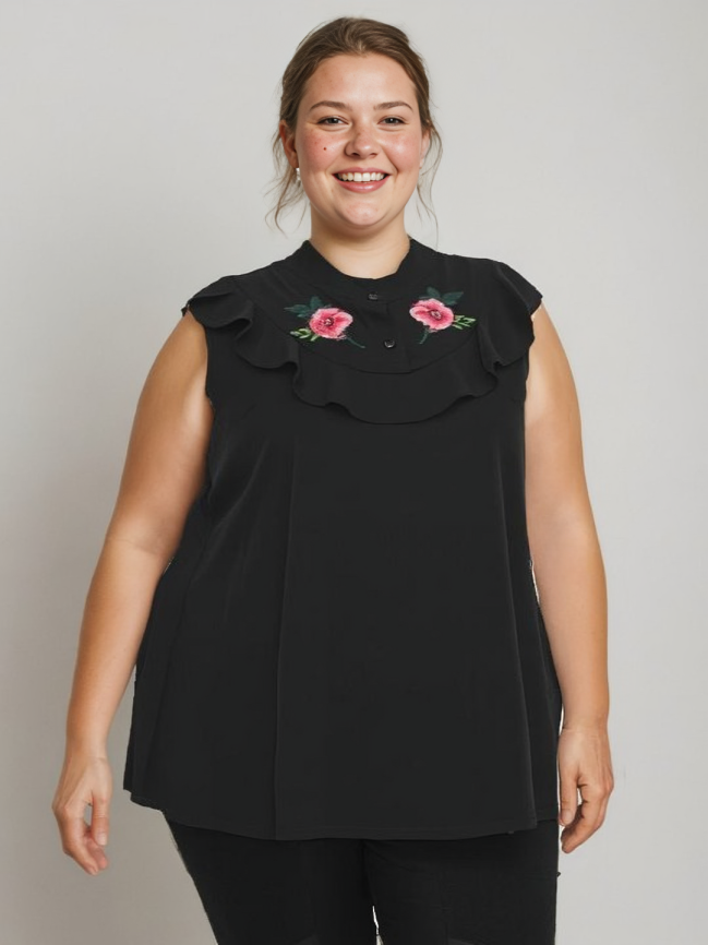 Grossista Pomme Rouge Paris - Top Black Bird Size Sleeve con ricamo (A965)