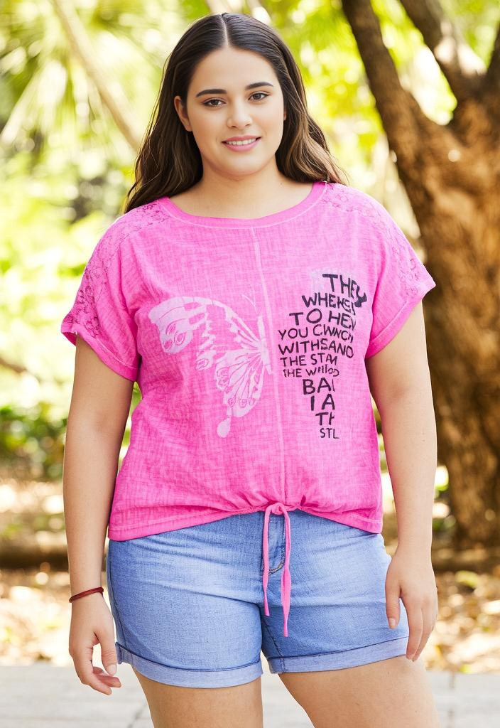 Grossiste Pomme Rouge Paris - Tshirt grande taille rose (C8010)