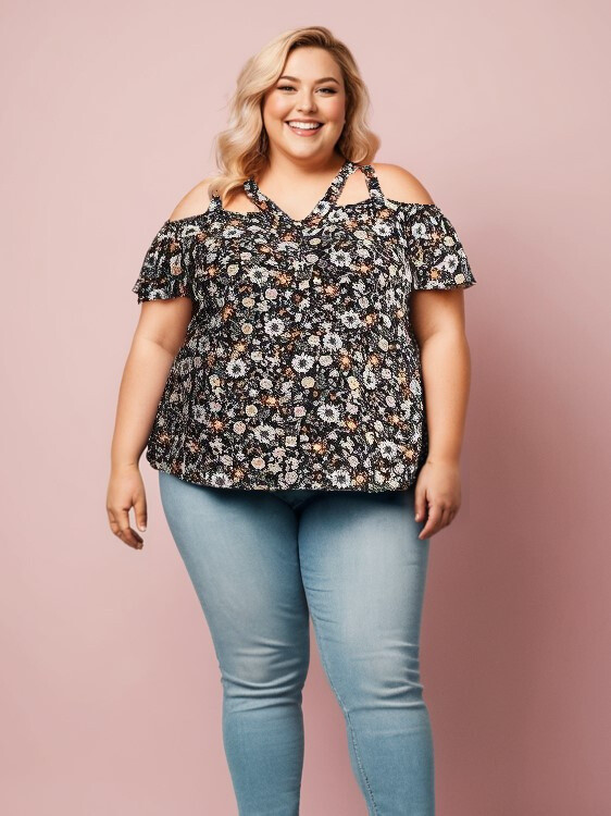 Grossiste Pomme Rouge Paris - Top motif fleuri noir grande taille (C6204)
