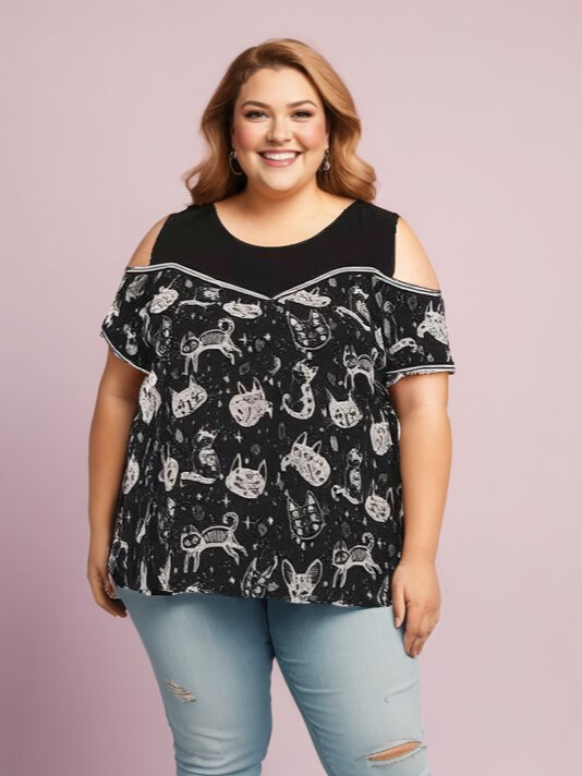 Grossiste Pomme Rouge Paris - Top grande taille motif chat (C6203)
