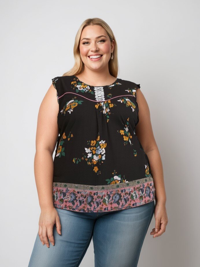 Wholesaler Pomme Rouge Paris - Plus size floral print top (A955/BLACK)