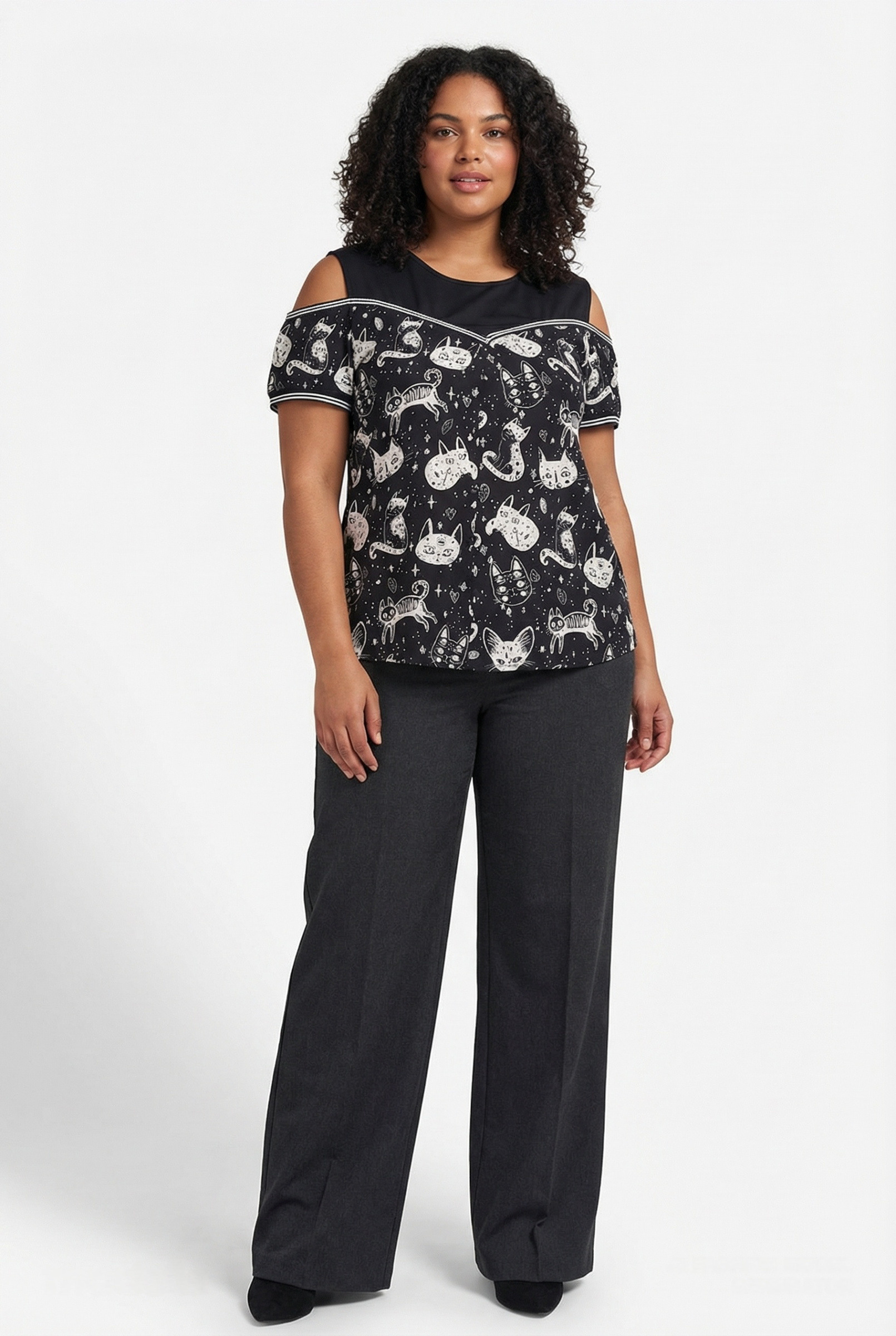 Grossiste Pomme Rouge Paris - Top grande taille motif chat (C6203)