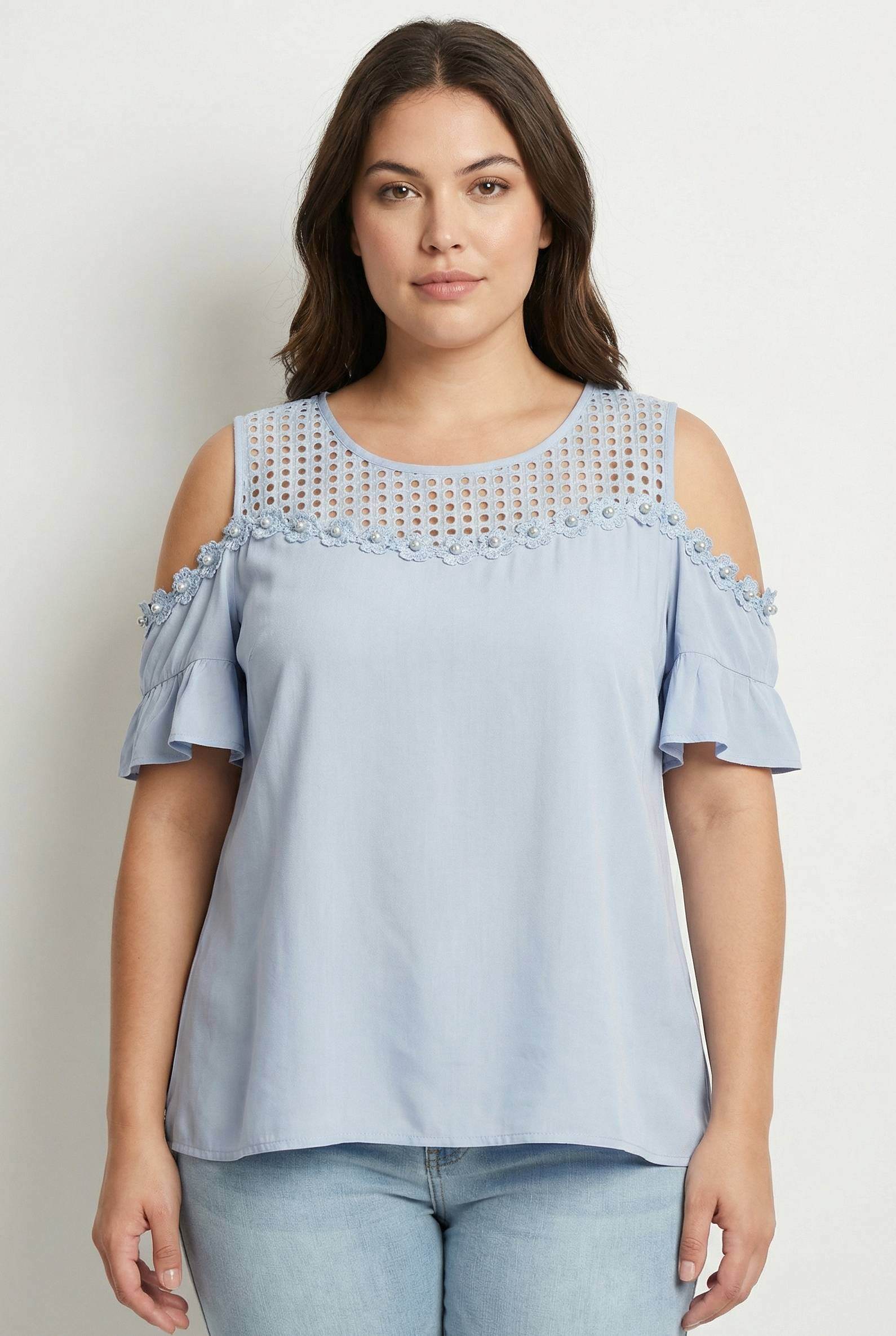 Grossiste Pomme Rouge Paris - Top bleu grande taille ajouré avec perles (A958)