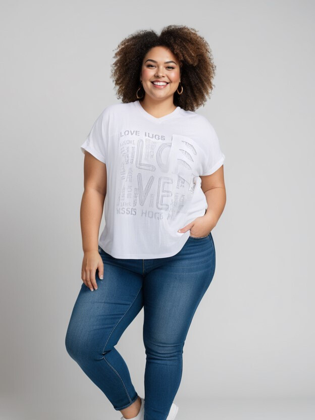 Grossiste Pomme Rouge Paris - Tshirt grande taille blanc (C8012)