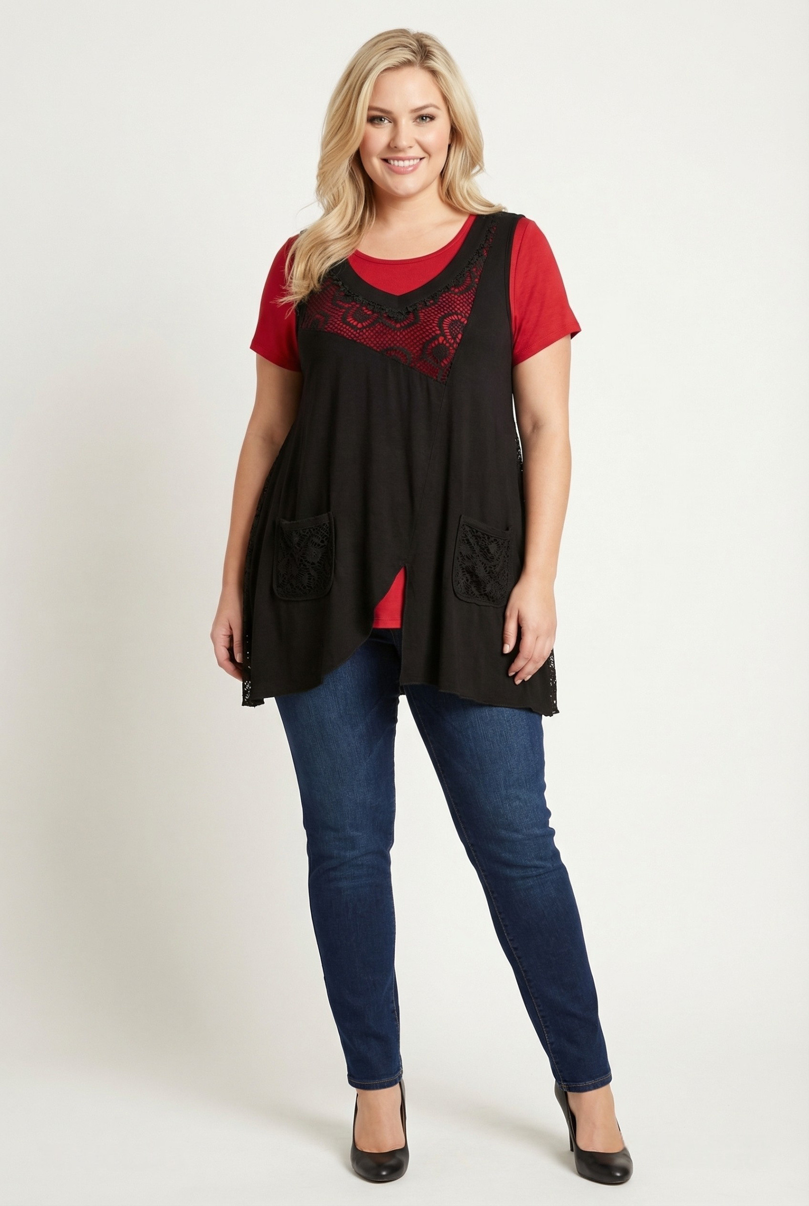 Grossiste Pomme Rouge Paris - Top dentelle + t-shirt rouge grande taille (A595)
