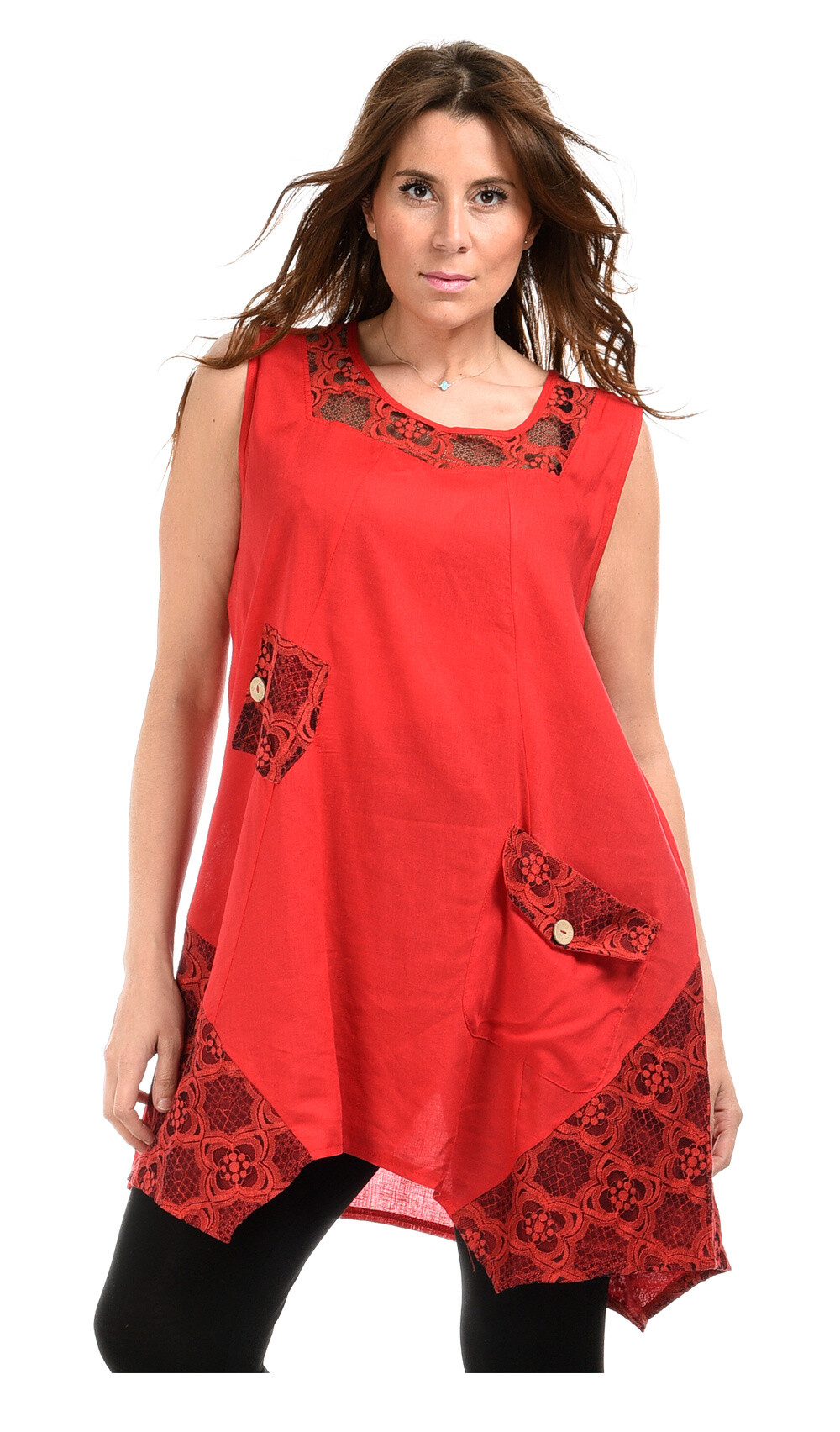 Grossista Pomme Rouge Paris - Grande tunica con pizzo rosso (A583)