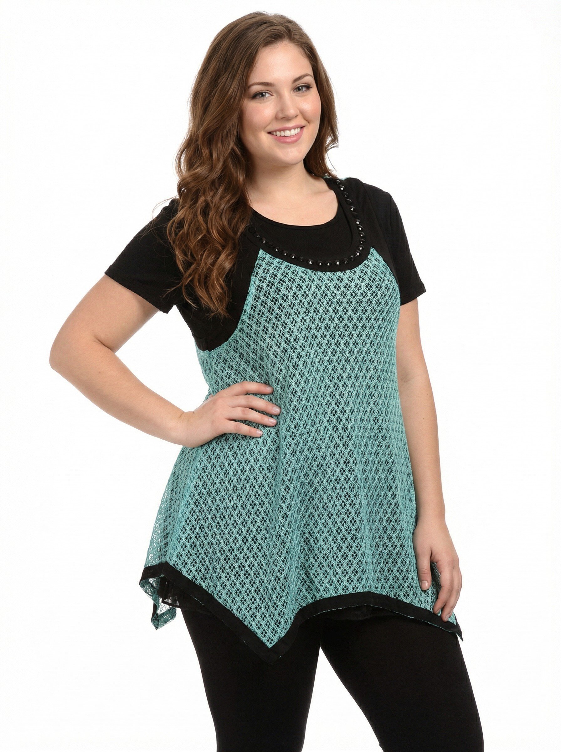 Grossiste Pomme Rouge Paris - Ensemble top dentelle turquoise + tshirt (A218)