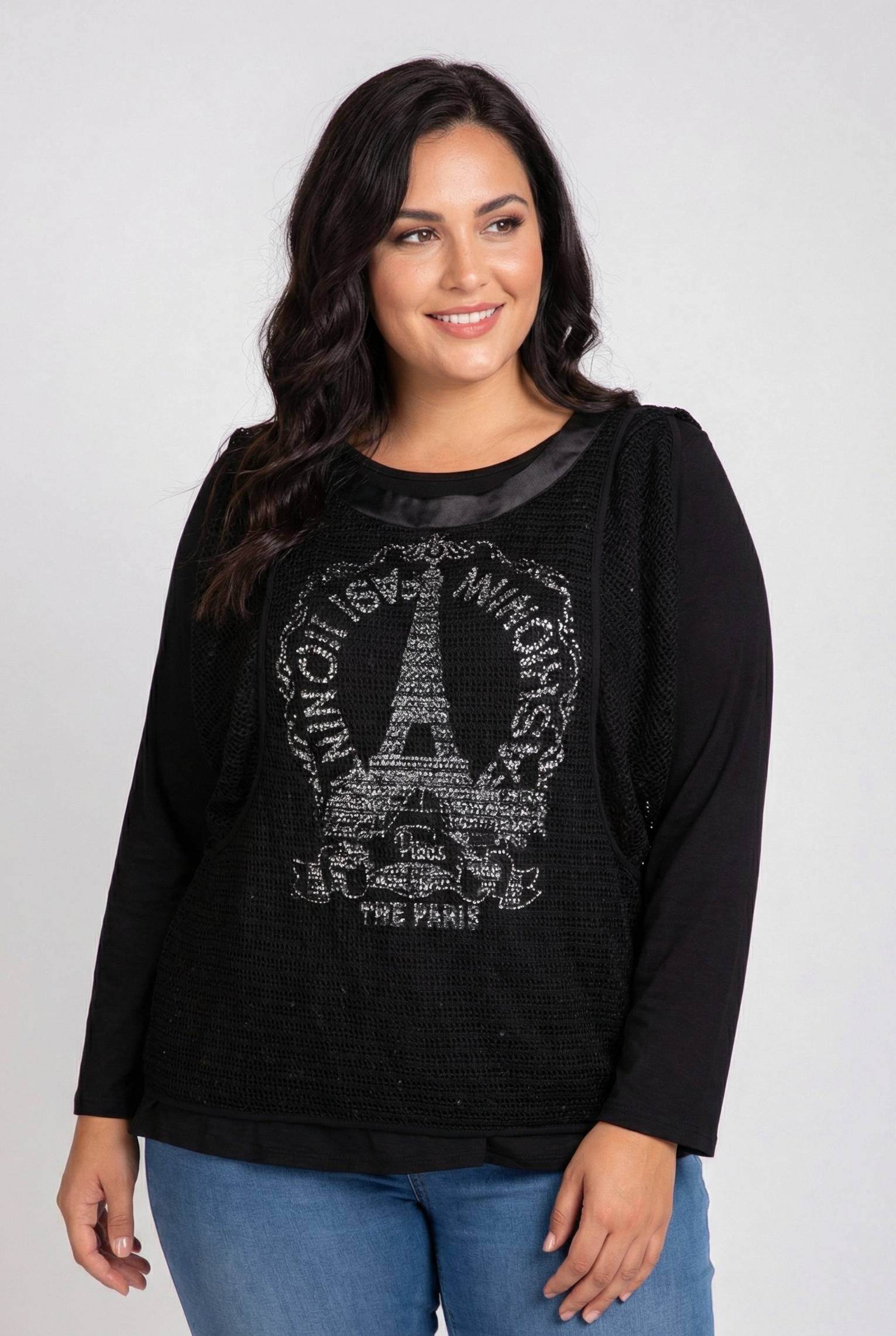 Grossiste Pomme Rouge Paris - Ensemble t-shirt imprimé + gilet ajouré noir grande taille  (A553)