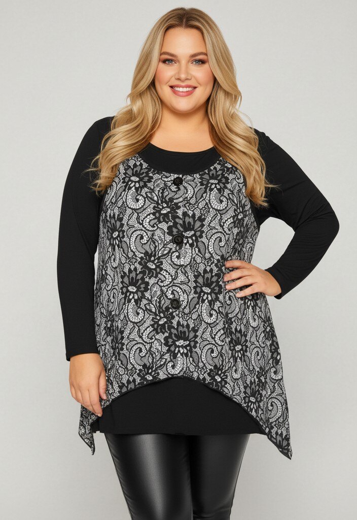 Grossiste Pomme Rouge Paris - Ensemble top imprimé blanc + sous pull grande taille (PA257)