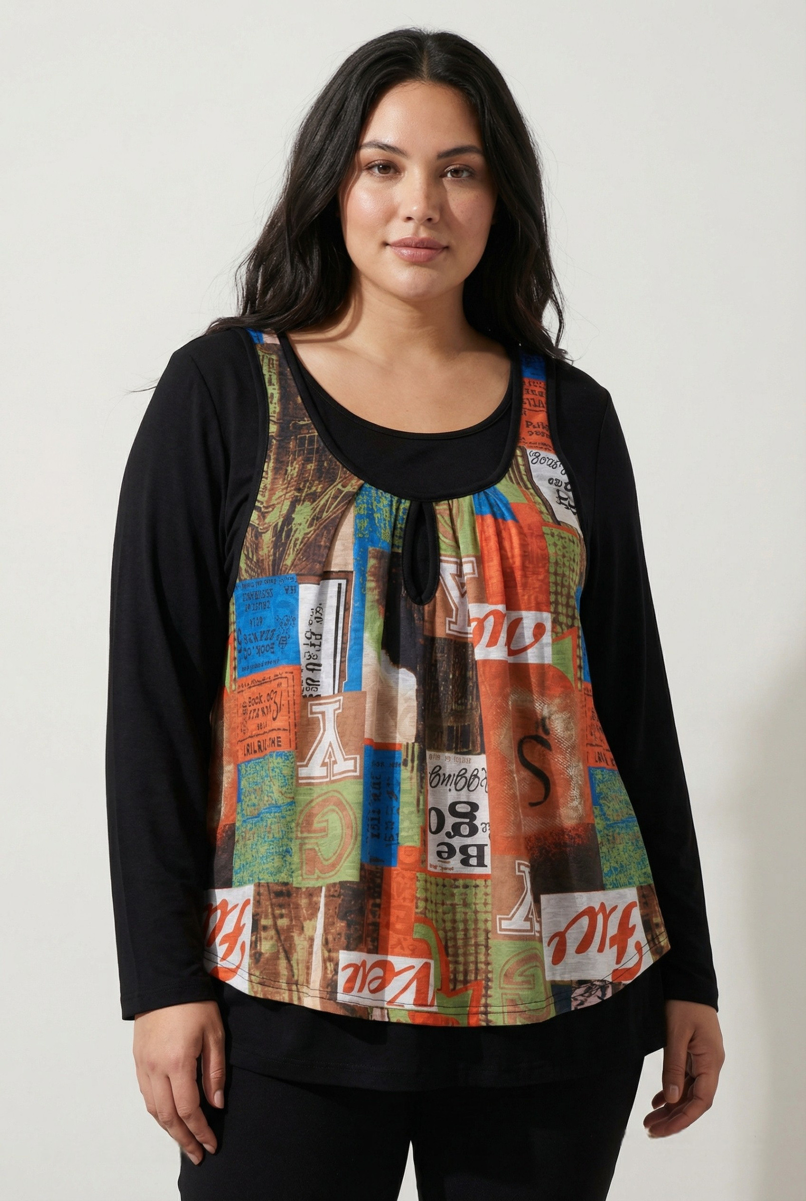 Grossiste Pomme Rouge Paris - Ensemble sous pull + top imprimé grande taille  (PA239)
