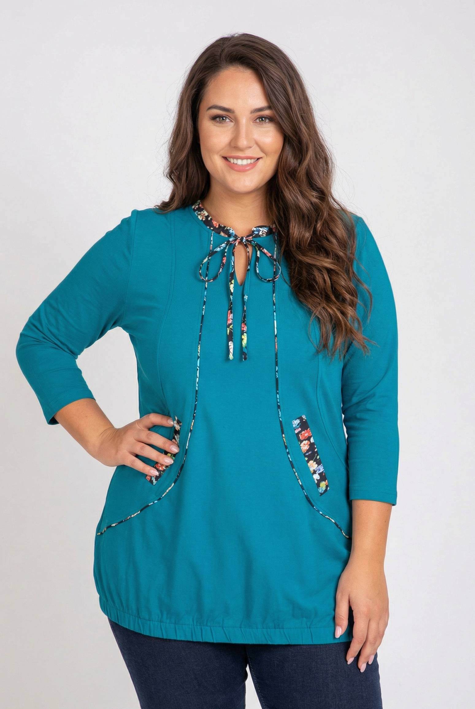 Wholesaler Pomme Rouge Paris - Fitted blue tunic with printed ribbing (A559)
