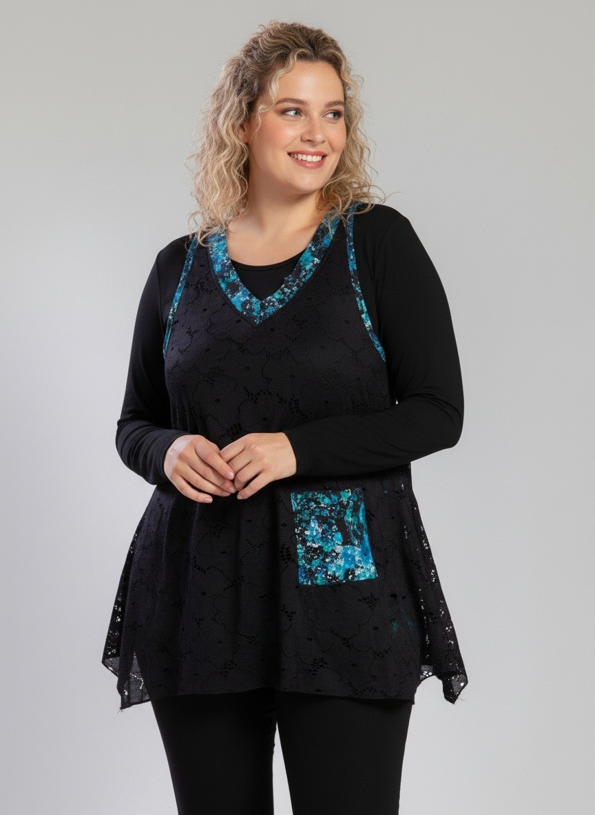 Wholesaler Pomme Rouge Paris - Blue lace top and turtleneck set (A622)