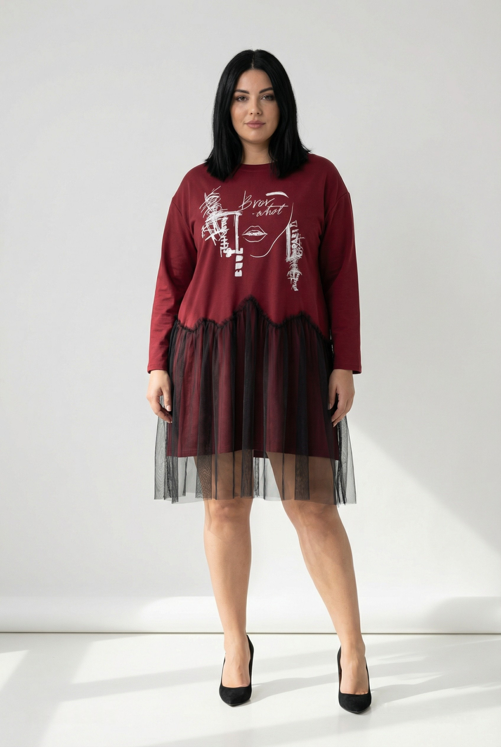 Grossiste Pomme Rouge Paris - Robe-Tunique volantée rouge grande taille (T39085)
