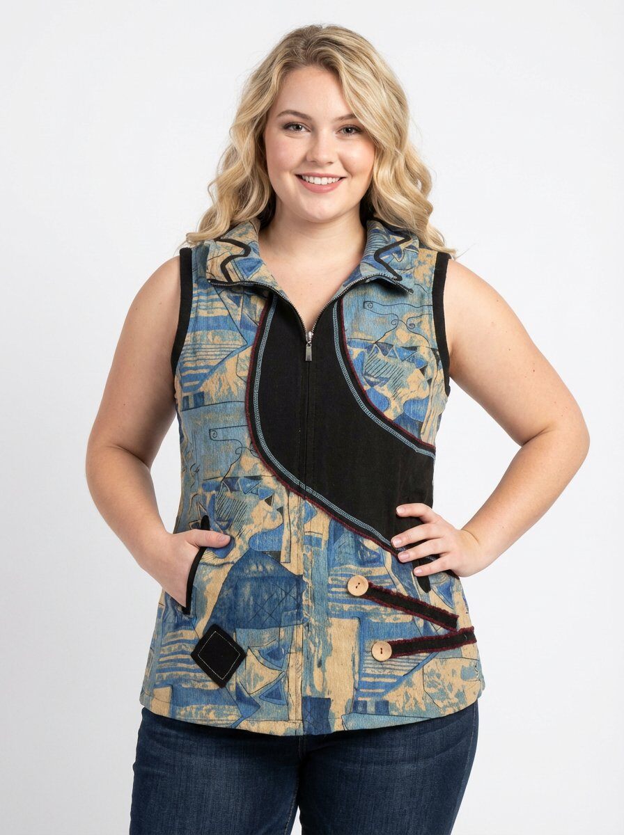 Grossiste Pomme Rouge Paris - Gilet sans manche en velours côtelé bleu grande taille