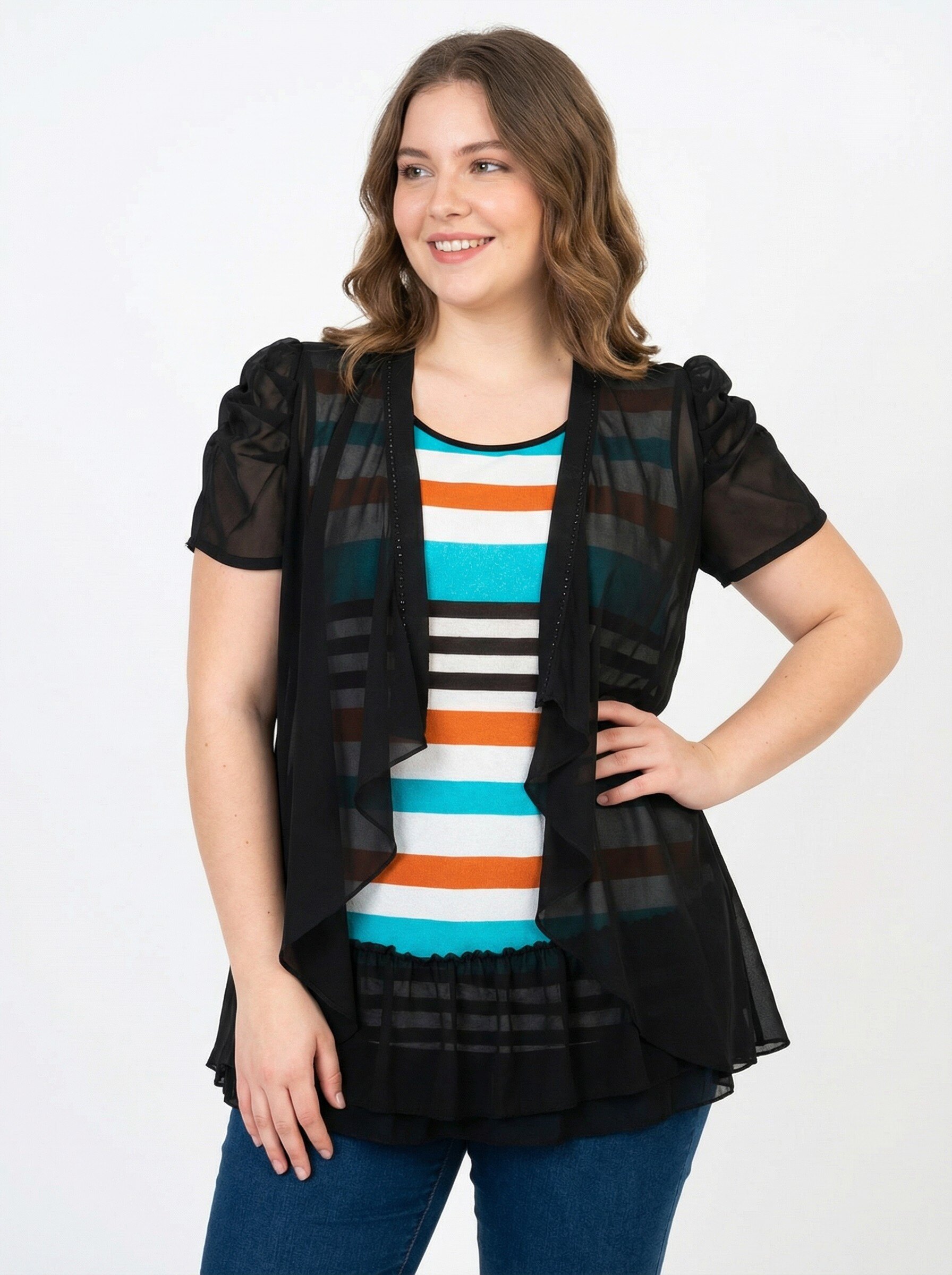 Grossiste Pomme Rouge Paris - Ensemble tunique rayé + gilet noir (A391)