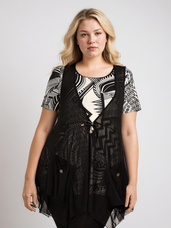 Grossiste Pomme Rouge Paris - Ensemble top imprimé + gilet mousseline (A307)
