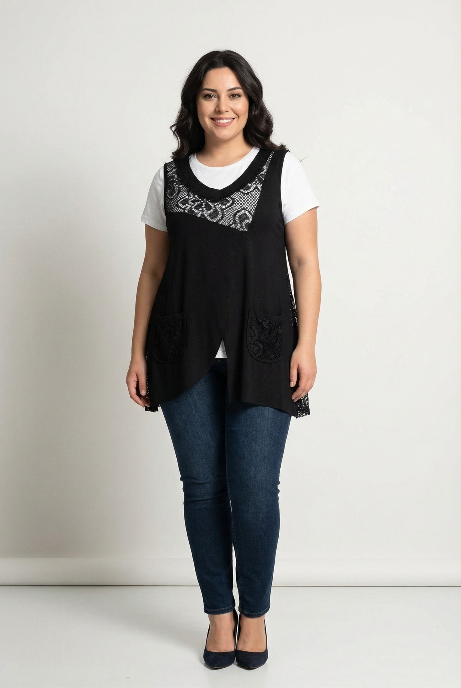 Grossiste Pomme Rouge Paris - Top dentelle + t-shirt blanc grande taille (A595)