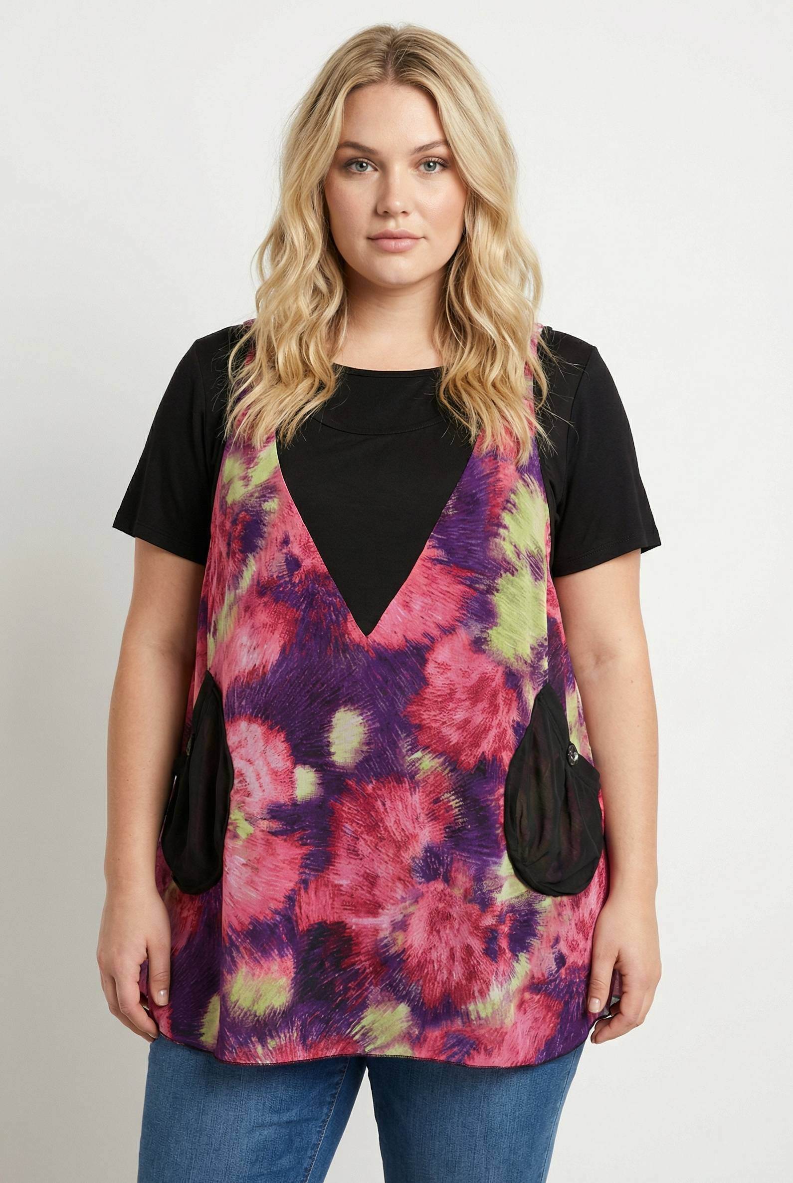 Grossiste Pomme Rouge Paris - Top imprimé rose + t-shirt grande taille (A539)