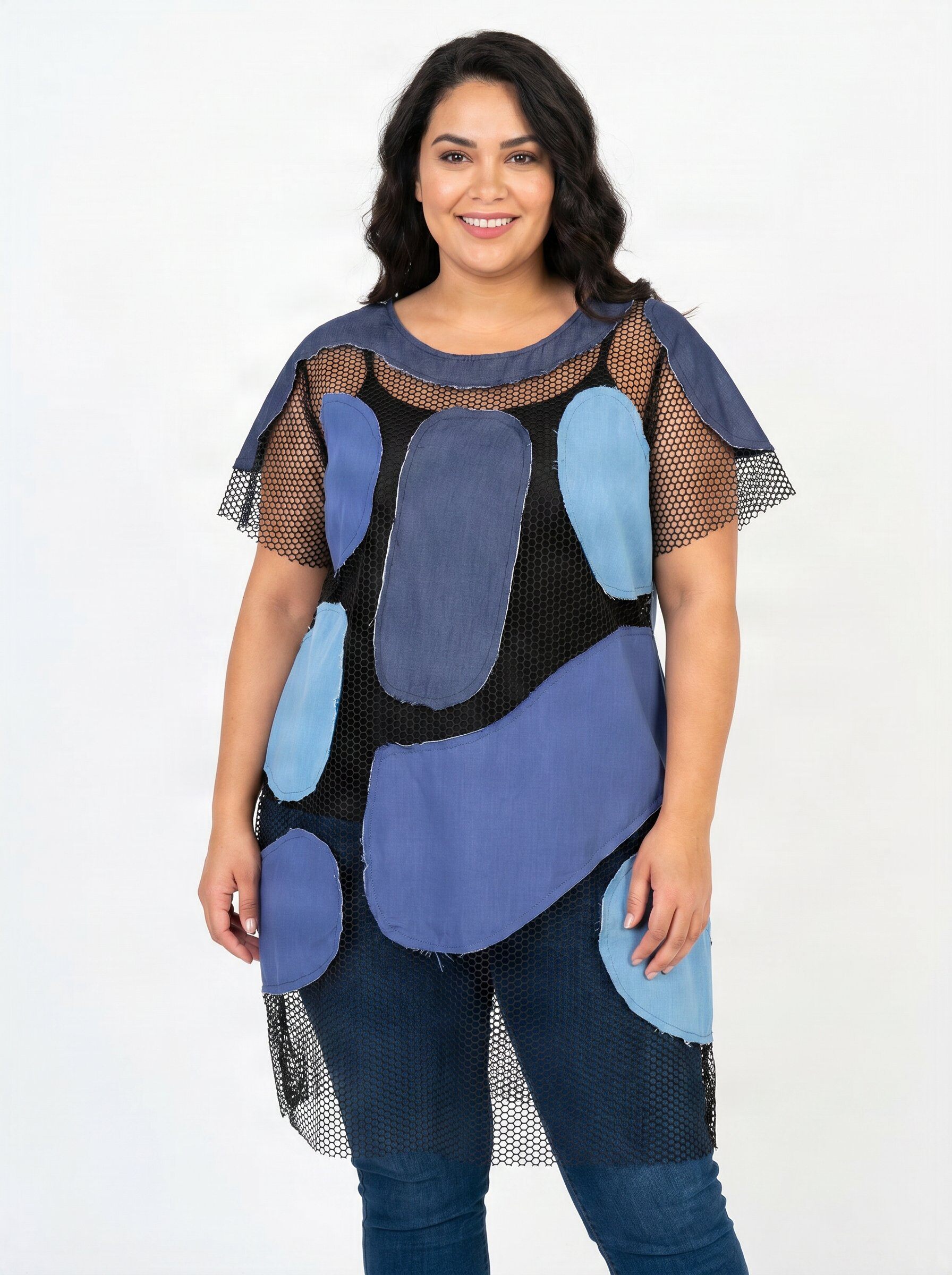 Grossista Pomme Rouge Paris - Tunica traforata con inserto in denim (PC6553)