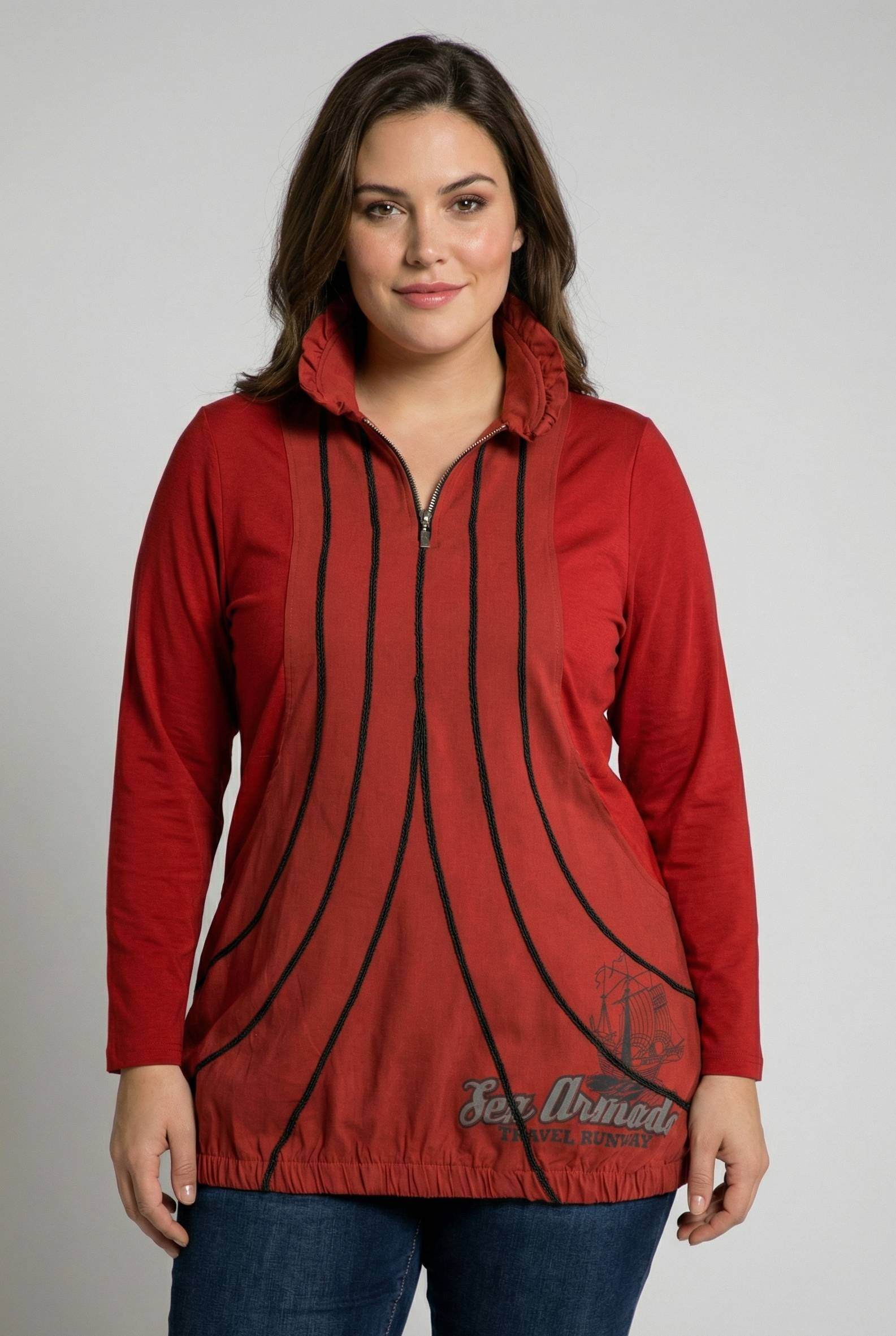 Grossiste Pomme Rouge Paris - Tunique rouge grande taille avec nervures et imprimé