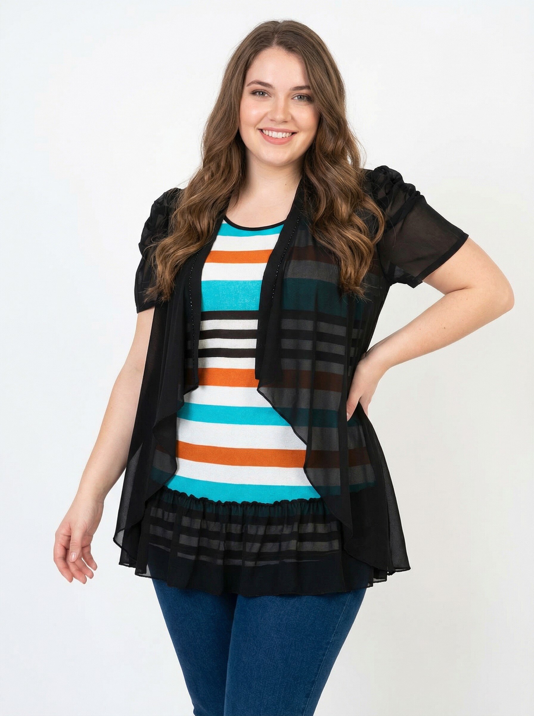 Grossiste Pomme Rouge Paris - Ensemble tunique rayé + gilet noir (A391)