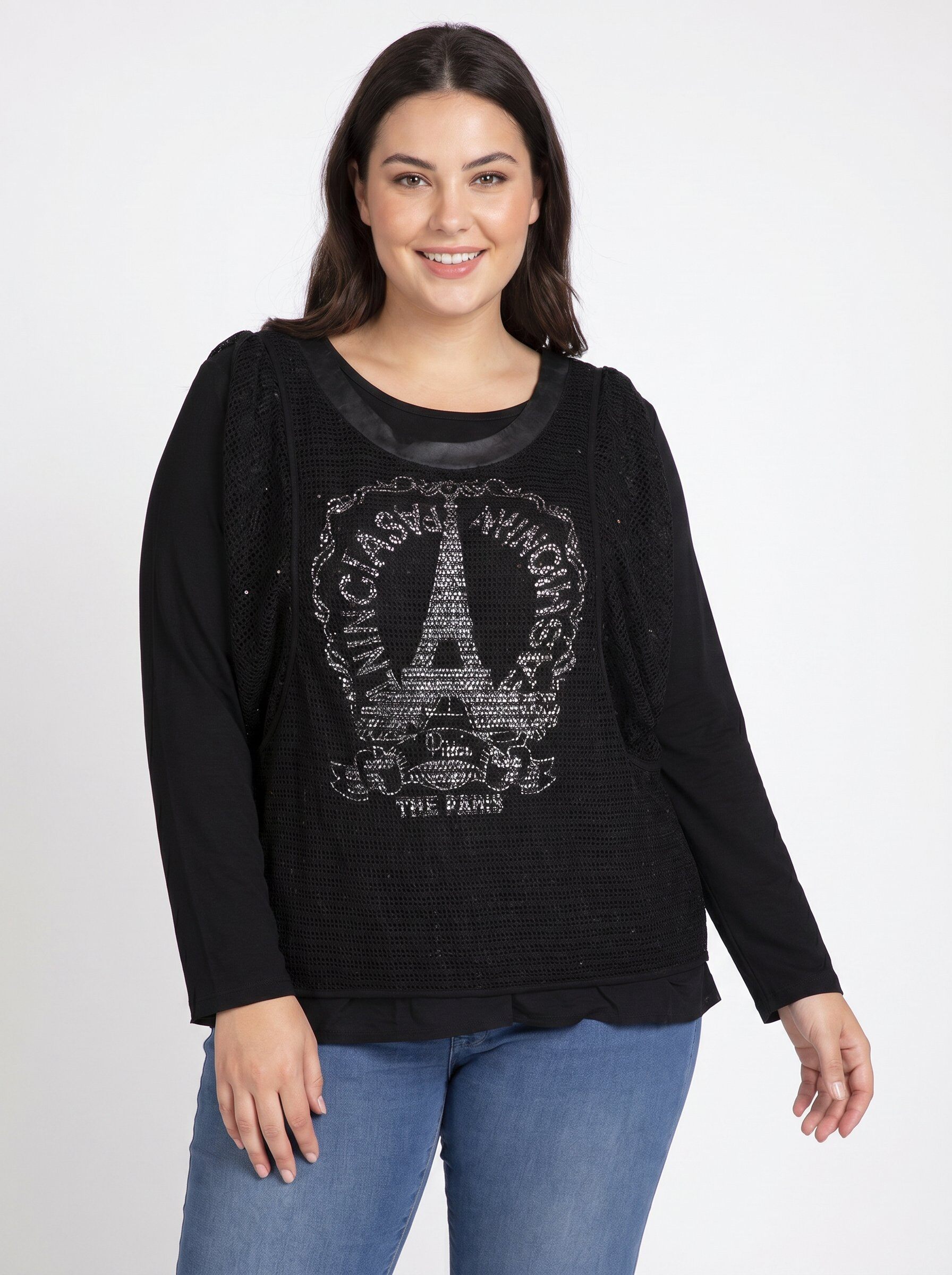 Grossista Pomme Rouge Paris - Completo t-shirt stampata + gilet traforato nero taglia grande (A553)