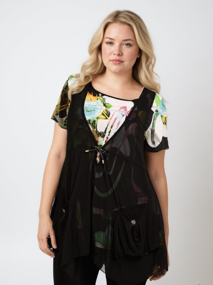 Grossiste Pomme Rouge Paris - Ensemble top imprimé + gilet mousseline (A307)
