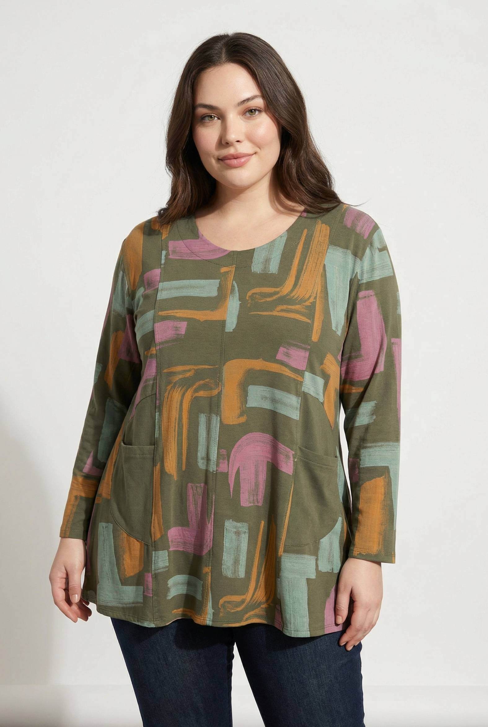 Grossiste Pomme Rouge Paris - Tunique grande taille imprimé kaki (T90673)